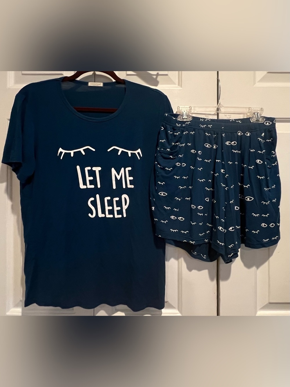 2 Pc PJ Set💤 Let Me Sleep, Teal Blue Pajama Set w Eye Print Shorts w Pockets